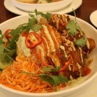 This is also a special that was amazing. Coconut rice, fried oyster mushrooms. A Bahn mi bowl. Amazing at The Wild Chive in Long Beach
