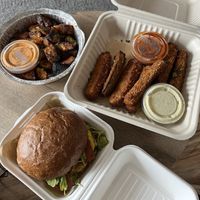 Side of potatoes, zucchini sticks, and wild shroom burger (or breakfast in bread?)  at The Wild Chive in Long Beach