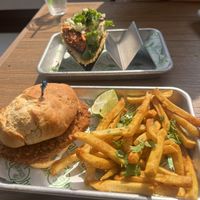 Crispy chicken sandwich with mayo and pickles, and a shrimp taco!  at Branch Out in Paducah