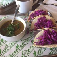 Fish tacos made with hearts of Palm have a really creamy sauce and nice bite with pickled cabbage. Corn tortillas taste homemade. Served with a side of hearty turmeric dal! Yum! $8 at Branch Out in Paducah