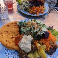 Vegan quinoa falafel and smokey flat bread. at Crowes in Cardigan
