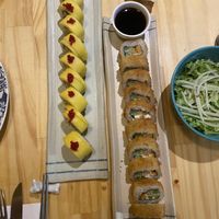 The 2 sushi rolls- really great. The yellow one is the tropical one   at Helecho in Medellin