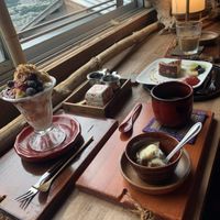 Parfait & coffee & black sesame pudding & soy milk cheesecake at Nyabinghi in Ikoma