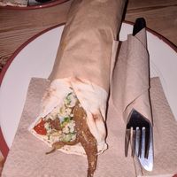 Falafel wrap with zucchini, bulgur, hummus, spicy pesto at The Chickpea in Crete