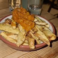 Fries with pumpkin chutney at The Chickpea in Crete