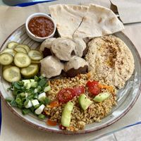 Spicy Falafel plate w/bulgur & spring onions instead of  beetroot  at The Chickpea in Crete
