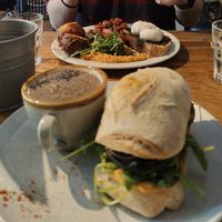 mushroom ciabatta and soup OTD, and a veggie English breakfast at Good Vibes Cafe in Falmouth