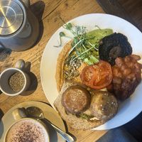 Vegan breakfast with optional hash browns. Tea and coffee with plant-based milks.  at Good Vibes Cafe in Falmouth