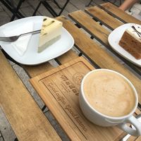 Dirty chai latte with oat milk, vegan Matcha cake and vegan carrot cake   at Madal Coffee Co - Ferenciek Tere in Budapest