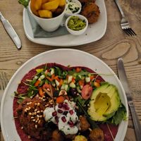 Vegan Lebanese Flatbread and Walnut Tree Fish Cakes. at The Walnut Tree in Eye