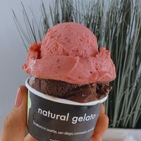 Raspberry on top and chocolate on bottom at Nado Gelato in Coronado