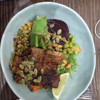 Nourish bowl - wild rice, roast beet, carrot kimchi, edamame, avo, pepitas, and tempeh. Miso soy ginger glaze. at George Street Quarters in Fremantle
