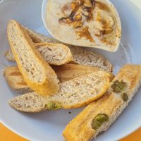 Olives bread with Humus at Roots in Tenerife