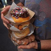 Chocolate Sprinkle, The Lorax, Classic, and Maple Bacon Fritter at Bad Day Donuts in Chicago