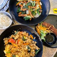 “Fish” pad cha, sticky rice and tom yum fried rice  at Siam Purity in Broadbeach