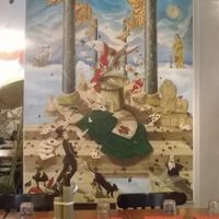 Painting exhibition in the restaurant room at La Palanche d'Aulac in Paris