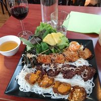 4 skewers with different flavours and fresh salad and fresh tasty herbs at La Palanche d'Aulac in Paris