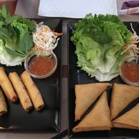 Lumpia (stuffed with bamboo, smoked tofu and leek) and samosa (stuffed with plant based meat, veggies and bamboo) at La Palanche d'Aulac in Paris