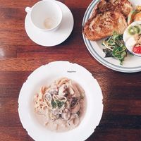 French toast plate and soy cream pasta at Around Green - 어라운드 그린 in Seoul