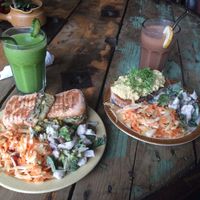 Vegan tuna panini and vegan egg mayo n cress on toast, with selection of salads at Sukha Essentials in Bournemouth