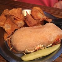 Vegan chicken parm hero with house baked kettle chips  at Brix in Cortland