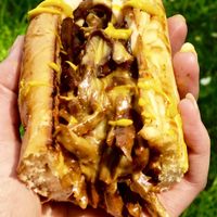 Philly Cheezesteak Sandwich cut in half. at Jake's Vegan Steaks in North London