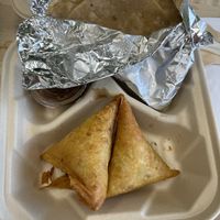 roti, samosas and tamarind sauce (combo meal — but this is plated for two combo meals in one box)   at San Diego Vegan Market in San Diego