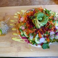 The rainbow wrap. Very fresh and tasty. With delicious beet hummus and sauce. at Oerwoud in Den Bosch