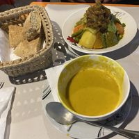 Vegan soup and veggie cous cous with caramelised onions    at Sofia in Chefchaouen