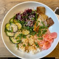 Spring bibimbap. Bowl of rice, tofu, beetroot and cucumber. 30 zł at Mihiderka - Józefa in Krakow