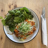 Spicy kimchi toast on baked sweet potato  at Turf in Vancouver