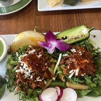 Vegan Sopes - So GOOD! Salad was refreshing on a hot day! Salsa a Little Spicy for Me 😜  at The Grain Cafe in Long Beach