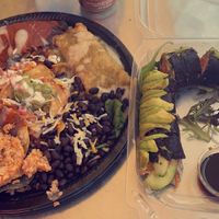 fiesta plate (feeds 2) & dragon roll at The Grain Cafe in Long Beach