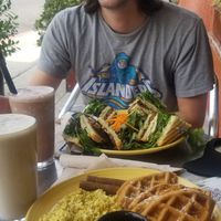 Deluxe waffles, club sandwich, sunbutter smoothie, & chocolate milkshake at The Grain Cafe in Long Beach
