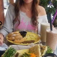 Deluxe waffles, club sandwich, sunbutter smoothie, & chocolate milkshake at The Grain Cafe in Long Beach