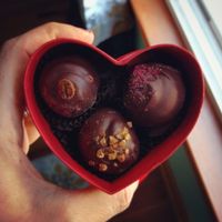 Vegan Truffles: Strawberry Rose, Gold Rush (bourbon and lemon), and Hawaiian Coffee (coffee and coconut). at Katherine Anne Confections in Chicago