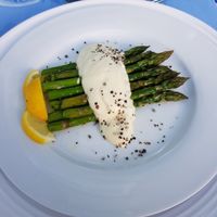 Local asparagus with aquafaba lemon mayonnaise  at Bleujennow in Penzance