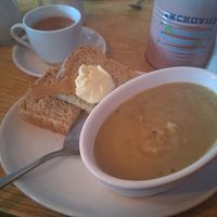 Soup and bread w sunflower spread #Veganuary at The Nook in West Kirby
