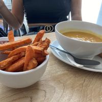 Sweet potato fries and carrot and coriander soup with vegan butter at The Nook in West Kirby