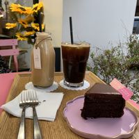 Chocolate cake, almond milk and coffee at The Nilk Factory - 더닐크팩토리 in Seoul