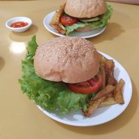 Vegan burger and fries at Loving Hut Thai Duong in Phu Quoc