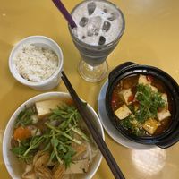 Pho,  Sichuan tofu and black sesame milk. at Loving Hut Thai Duong in Phu Quoc