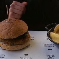 Eggplant burger with basil and cherrytomatoes (I asked to hold the cheese) and french fries at Hosteria Moderna in Treviso