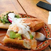 Torta ahogada filled with tofu and avocado at El Vegano in Guadalajara