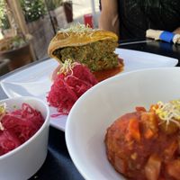 Chickpea meatballs, falafel quiche, Kim chee  at Green Table Cafe in Los Angeles