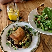 Mango juice, green salad and sous vide chicken  at Enso Cafe in Phnom Penh