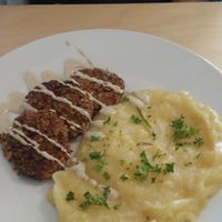 Potato mash wih seed patty at Black Kale in Ostrava