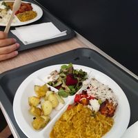 Dahl, potatoes, bean chilli, rice, salad. at Sandokan Vegan Bistro in Prague