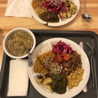 Mixed Plates from Buffet with Barley Soup  at Sandokan Vegan Bistro in Prague