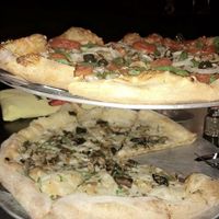 Veggie pizza & holy shiitake pizza-both vegan at Mellow Mushroom in St Louis